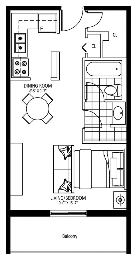 Floor plan for studio, 1 bath, 449 sqft